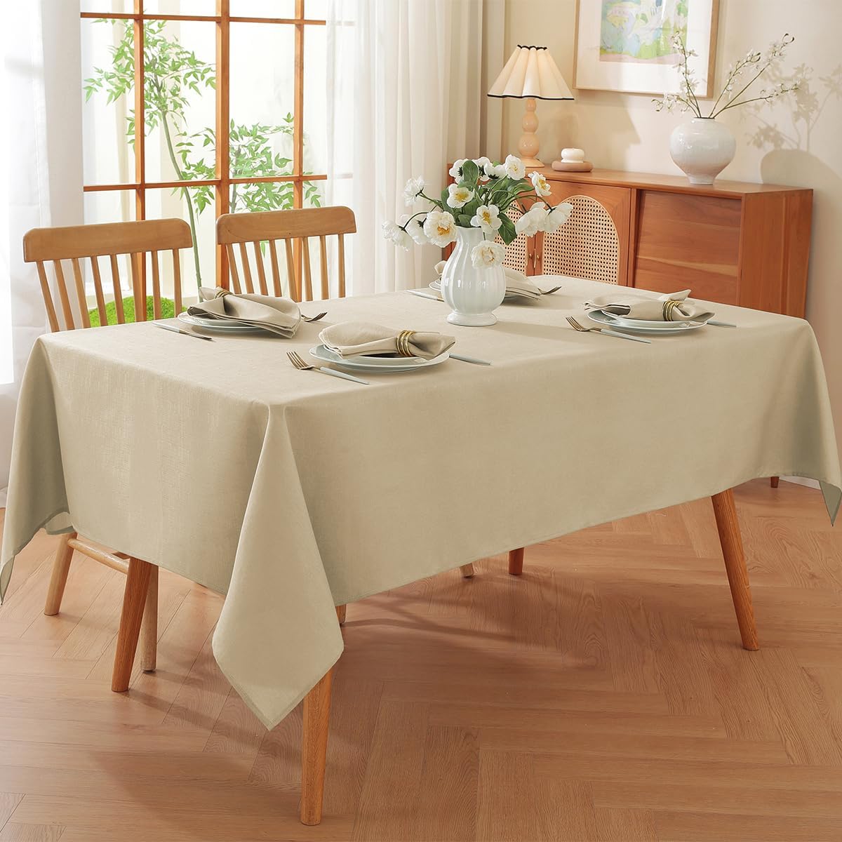 SASTYBALE Linen Tablecloth Rectangle Spillproof Table Cloth Wrinkle Resistant Washable Textured Linen Table Cover for Kitchen Dinning Parties Farmhouse Outdoor Beige 52" x 70"