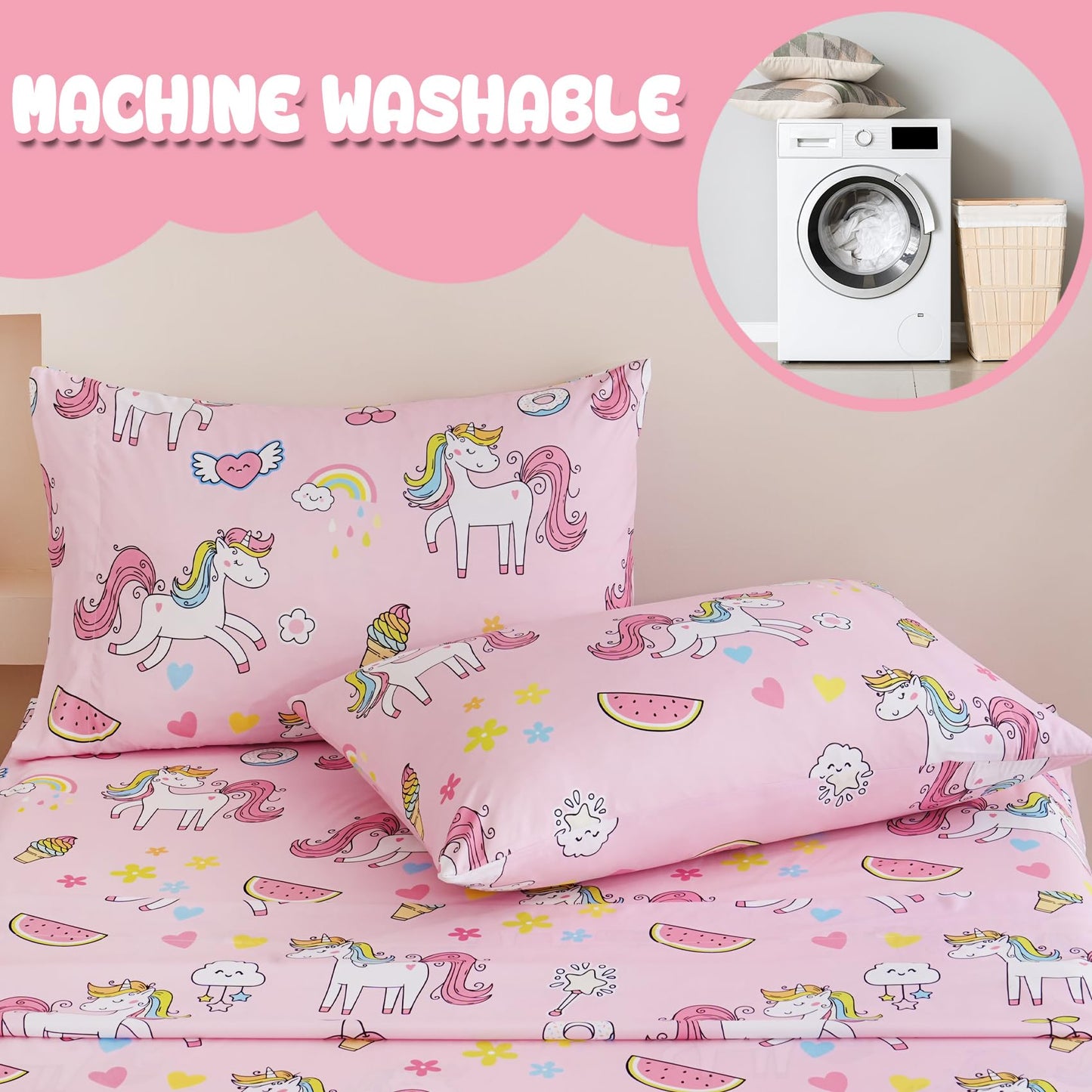 Yibeizi Pink Unicorn Sheet Set for Girls Full, Kids Rainbow Sweet Print Bedsheets Microfiber Deep Pocket Cute Patterned Bed Sheet & Pillowcase Sets 4 Pieces