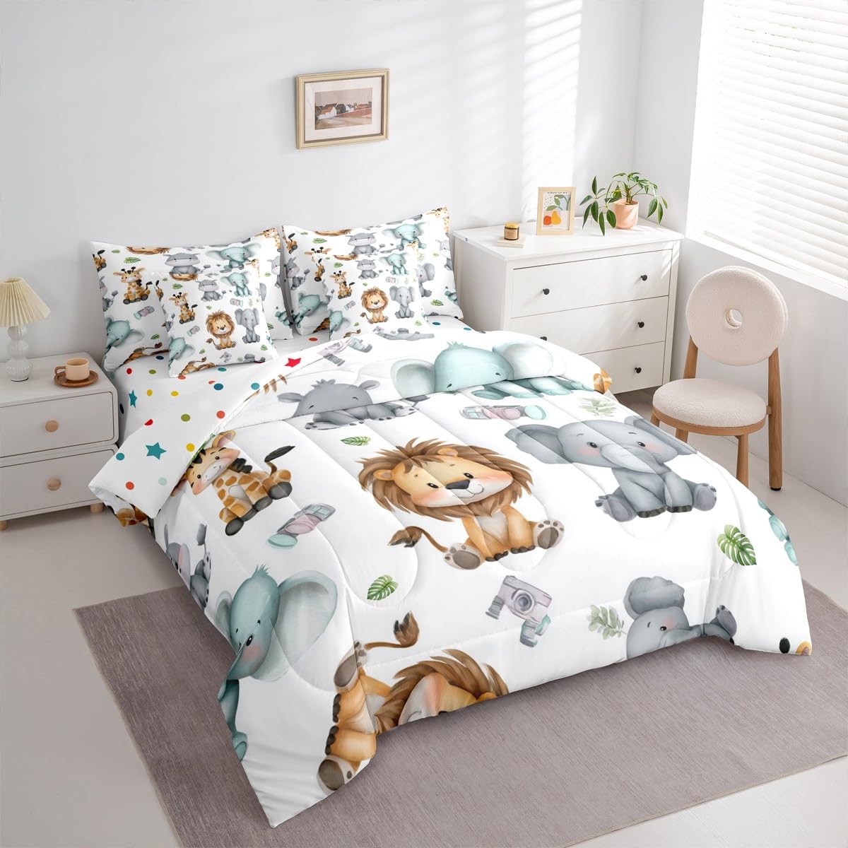Erosebridal Cartoon Animals 7 Piece Comforter Set Twin for Nursery Child Bedroom | Cute Lion Elephant Hippo Bedding Set Tropical Bed Set Palm Tree Leaves Bed Sheets Kawaii Zoo Wildlife Quilt