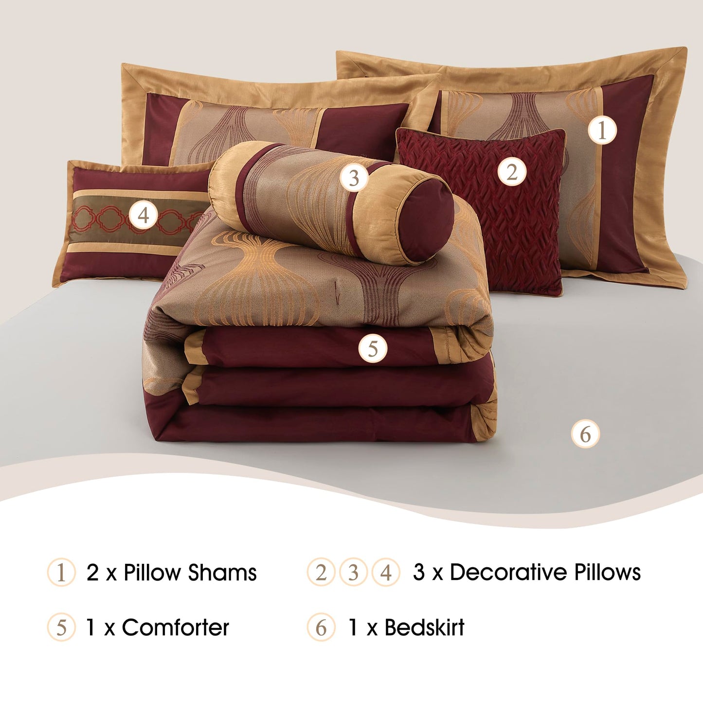 Stratford Park Wine Gold 7 Pieces Lightweight Microfiber Bed-in-a-Bag Comforter Bedding Set, Jacquard Queen Comforter Set, All Season Bedroom Home Décor
