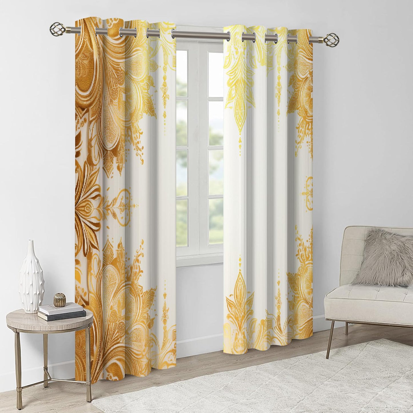Golden Elegant Flowers Blackout Curtains, Warm Bright Texture 3D Printed Noise Reducing Drapes, 2 Panel Top Grommet Drapes for Bedroom Bathroom Living Room Kids Room(84" W x 84 "L)