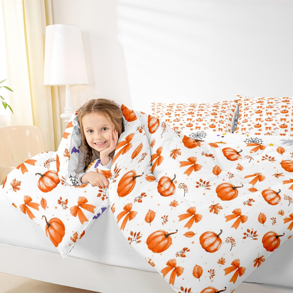 Erosebridal Thanksgiving Pumpkin Comforter Set Fall Decorations Bow Full Size Bedding Sets | Autumn Harvest Theme Comforter Maple Leaf Fall Leaves Bowknot Bed Set