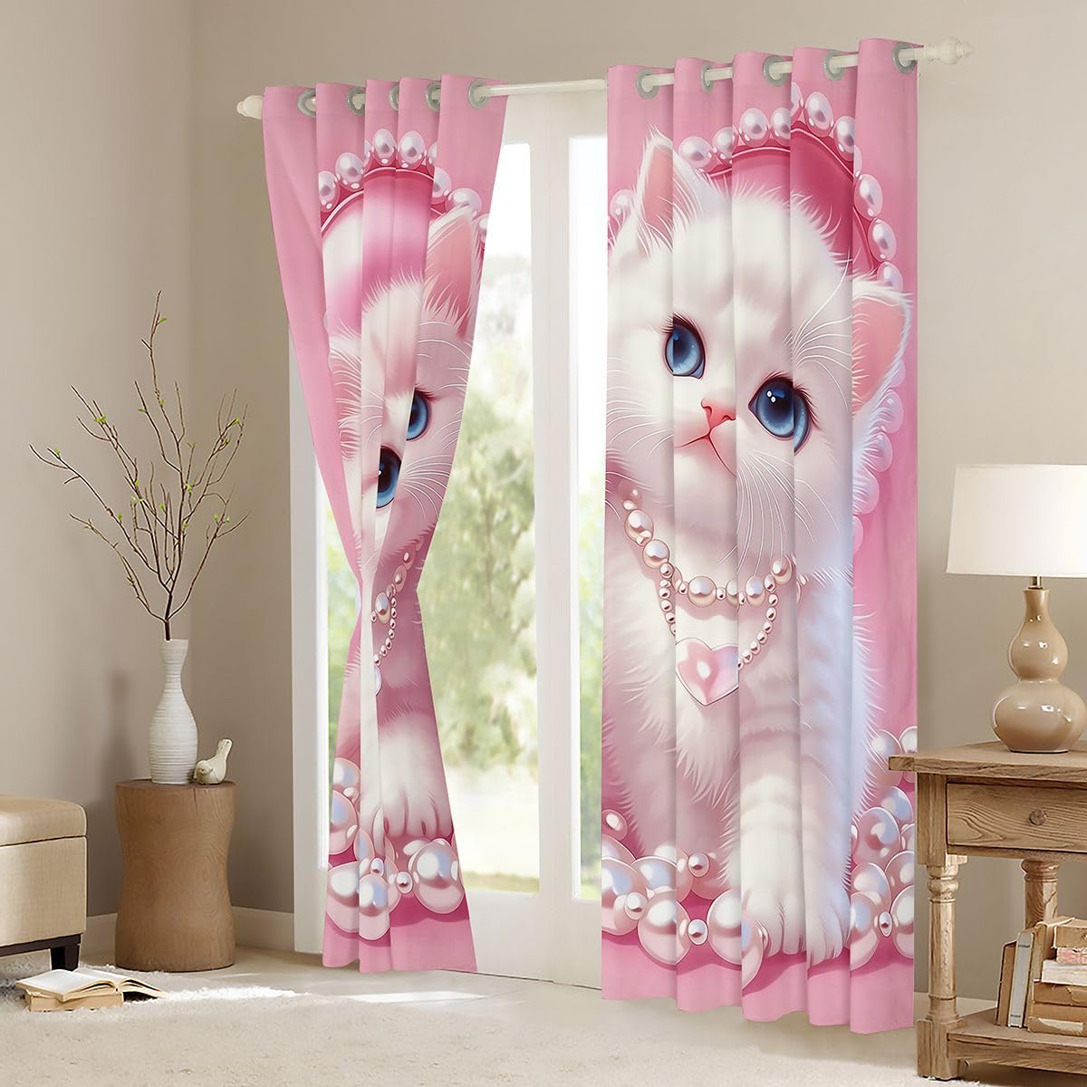 Erosebridal Cute Cats Blackout Curtains 42" Wx63 L, 2 Panels Pearl Kitten Darkening Curtains Kawaii Pet Animals Window Treatments Drapes for Bedroom Girly Pink Love Thermal Insulated Window Drapes