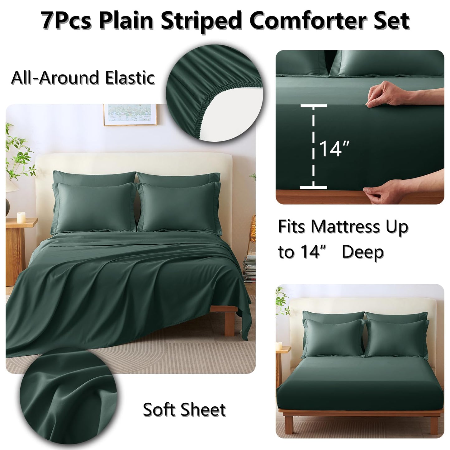 CozyLux Full Size Comforter Sets Forest Green - 7 Pieces Bed in a Bag, Modern Vertical Quilted Room Decor, Soft All-Season Bedding Gift with Comforter, Sheets, Pillowcases & Shams