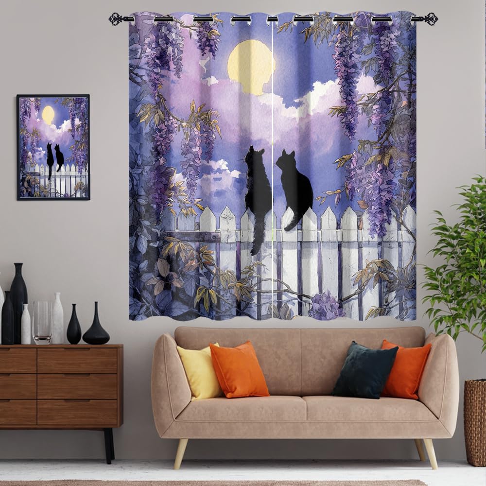 XSUPFLYM Cute Realistic Black Cat Window Thermal Curtain Rustic Full Moon Night Japanese Animal Black Cat Plant Lilac Floral Blackout Curtains for Bedroom 2 Panels Each.Each 21" W x 45" L