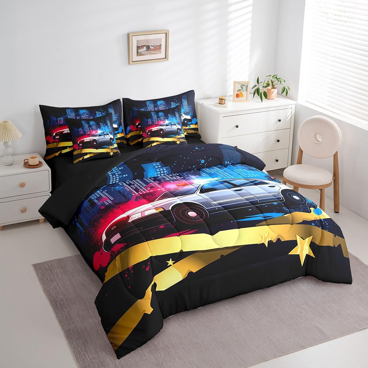 Erosebridal Police Car 7 Piece Comforter Set Full Bed in a Bag,Policeman Vehicle Car Bedding Sets Red Blue Cop Lights Truck Sheet Set with Comforter