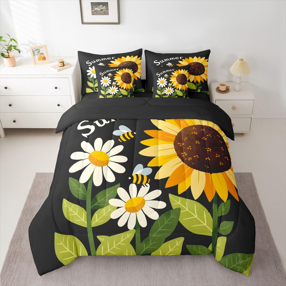Erosebridal Summer Sunflower Bee Queen Bedding Set Retro Floral Bee Comforter Set with Flat and Fitted Sheet Kids Boys Girls Boho Garden 7-Piece Bed in a Bag Minimalist Floral Art Quilt Sets