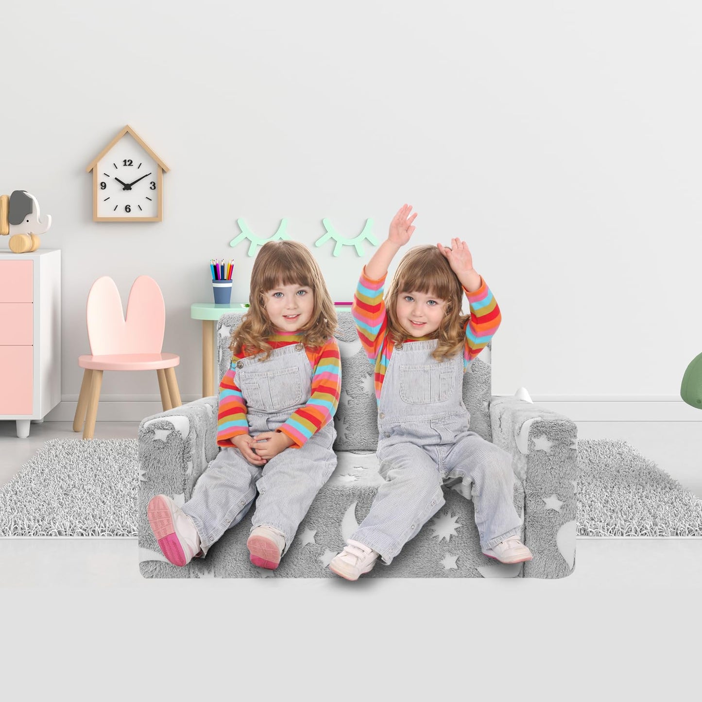 SLIGUY Kids Chair, Toddler Couch, Fold Out Sofa Chair, Toddlers Convertible Sofa to Lounger Pull Out Couch, Glow in The Dark Sofa Chair for Boys and Girls Large (Grey)