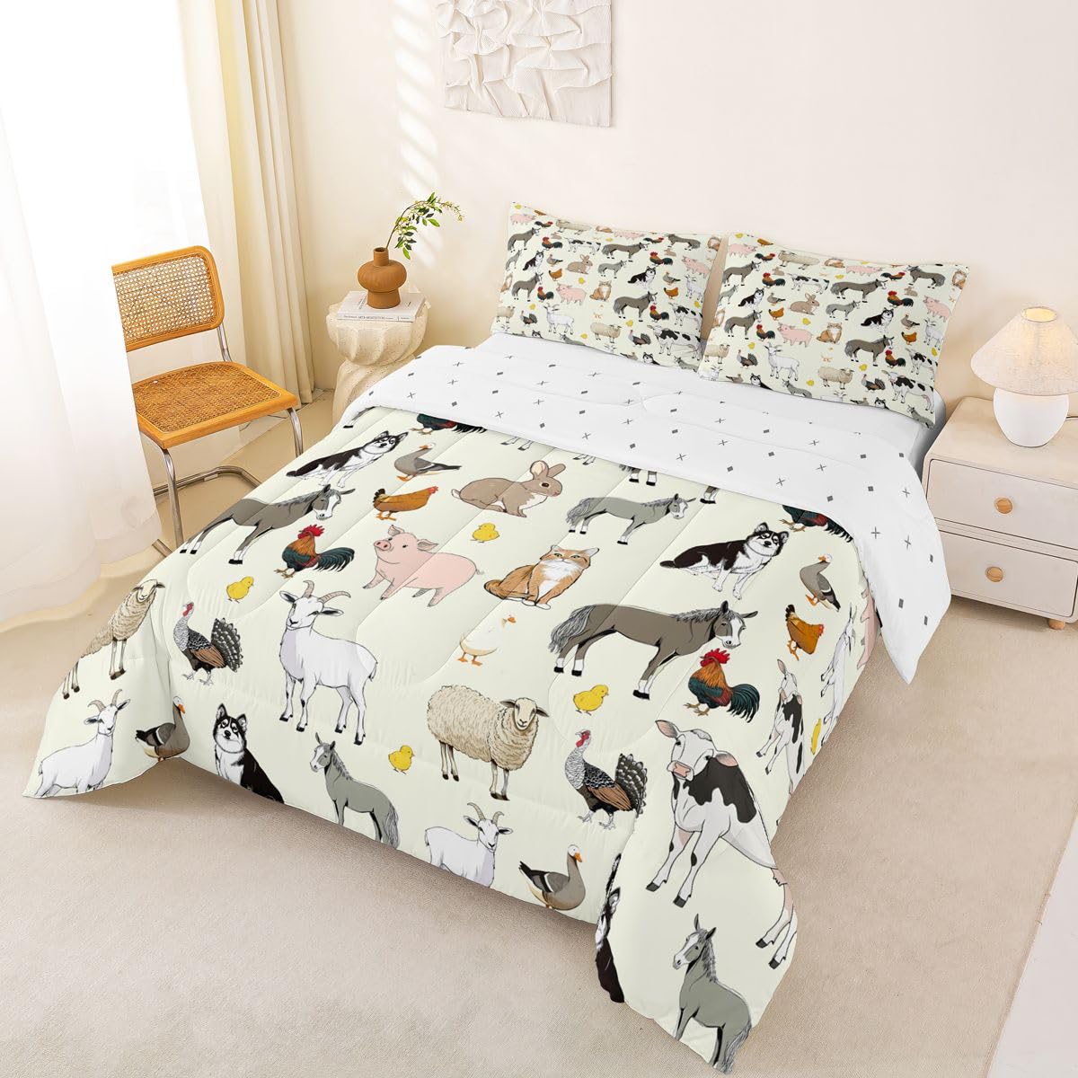 Feelyou Beige Farm Animal Comforter Set Toddler Size Cute Animal Bedding Set for Kids Boys Girls Farm Theme Duvet Quilt Cartoon Bedroom Decor 2 Pcs with 1 Pillow Cases