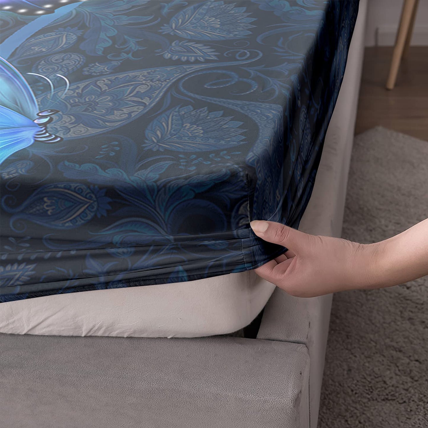 HOSIMA Blue Butterfly Bedding Set for Girls Bedroom Set,Mandala Boho Floral Full Fitted Sheet Set,Butterfly Print Fitted Sheet Full Size, 1 Fitted Sheet+2 Pillowcases.