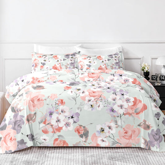 HCORA Floral Queen Sheet Set, Luxury 1800TC Hotel Quality Double Brushed Microfiber Deep Pocket Bed Sheets, Ultra Soft, Breathable and Cooling, 4PC, Queen Size