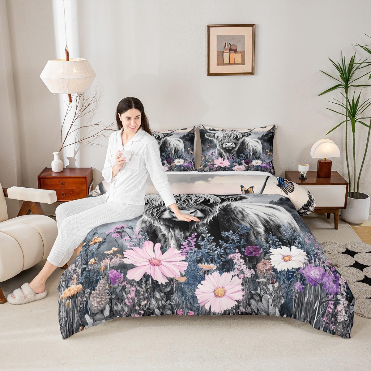 Erosebridal Highland Cow Flower Comforter Set Full Size Bull Cattle Bedding Set Western Funny Animal Duvet Stuffing Wildlife Farmhouse Cow Bed Quilt Mountain with Firforest Bedroom Decor