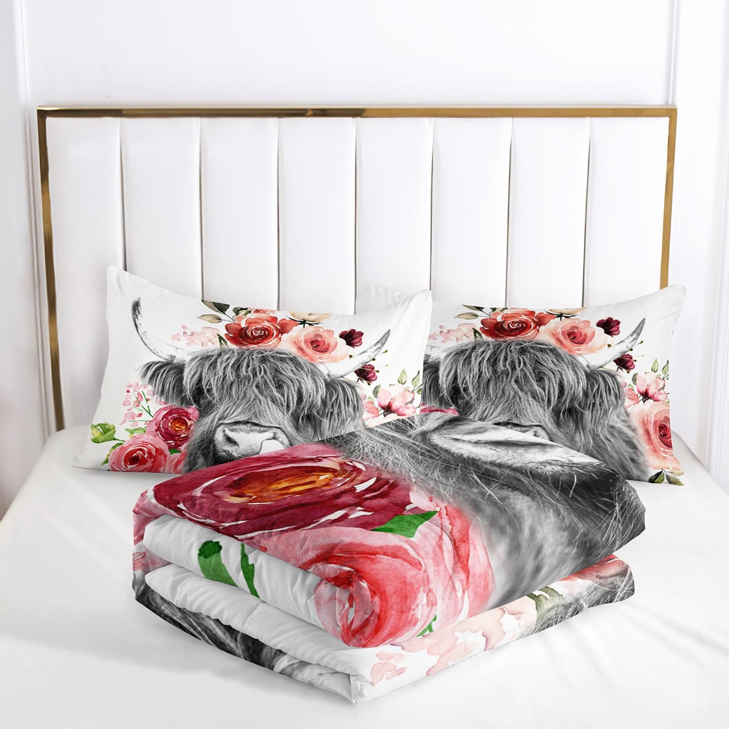 Nttopship Highland Cow Comforter Set - Twin Size, Kids' Wildlife Farmhouse Flower Comforter with 2 Pillowcases
