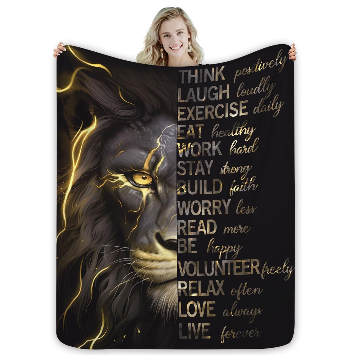 Miyotaa Lion Man Black Gold Blanket 50Wx60H Inch Quotes Inspirational Motivational Positive Masculine Male Warm Fuzzy Throw Blanket for Sofa Bed Throws Birthday Presents