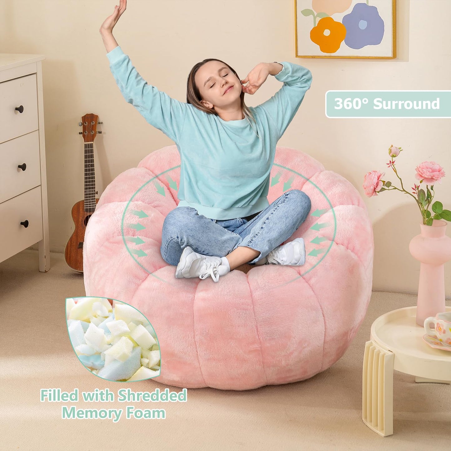 IEVENW Pumpkin Bean Bag Sofa Chair, Bean Bag Chair with Filler for Teens, Kids, Toddler, Comfy and Lazy Sofa for Dorm, Apartment, Living Room and Bedroom, Pink