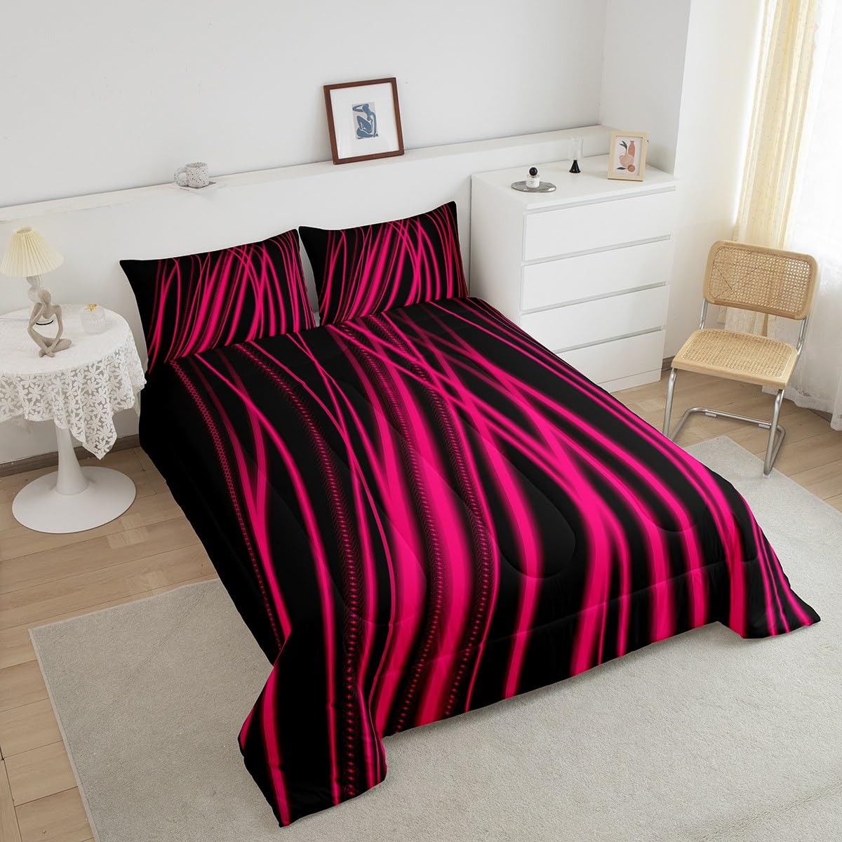 Feelyou Hot Pink Stripes Comforter Queen Size Ombre Hot Pink Black Reversible Comforter Set for Boys Girls Children Abstract Bedding Set Room Decor Modern Art Duvet Set 3Pcs
