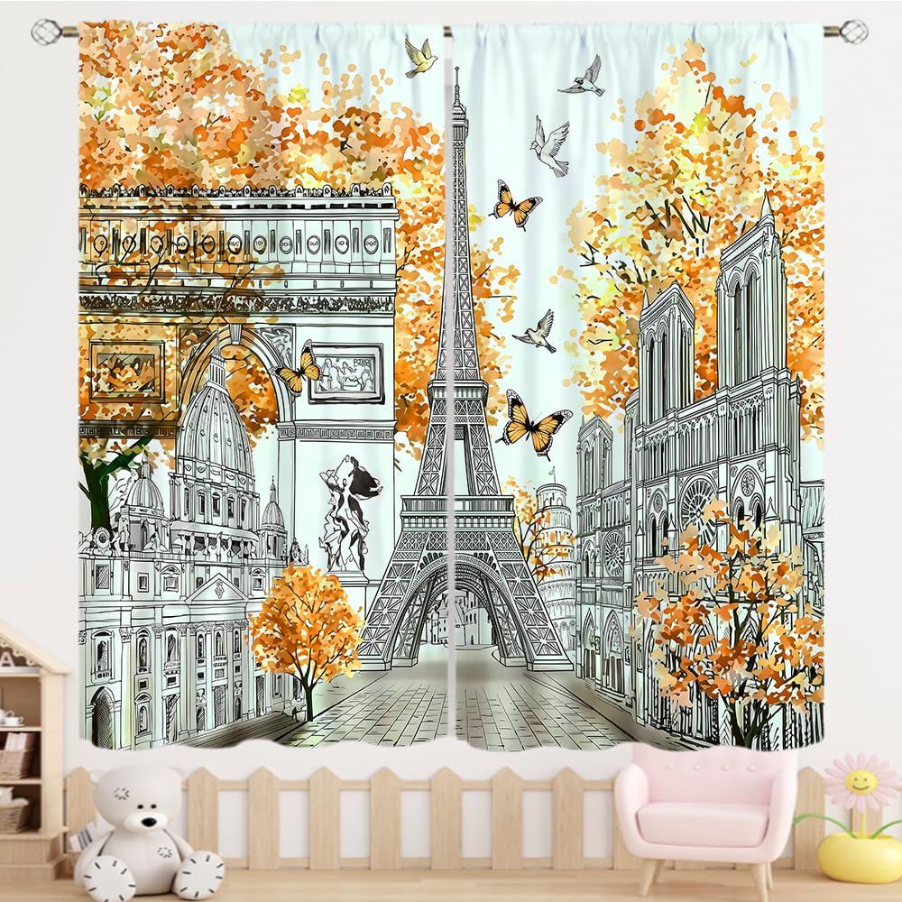 TYVGICZ Yellow Paris Curtains, Landscape Architecture City Scenery Eiffel Tower Landmark Famous Cityscape Romantic Window Treatments for Girls Living Room Kitchen Bathroom 2 Panel, 42x45 Inch