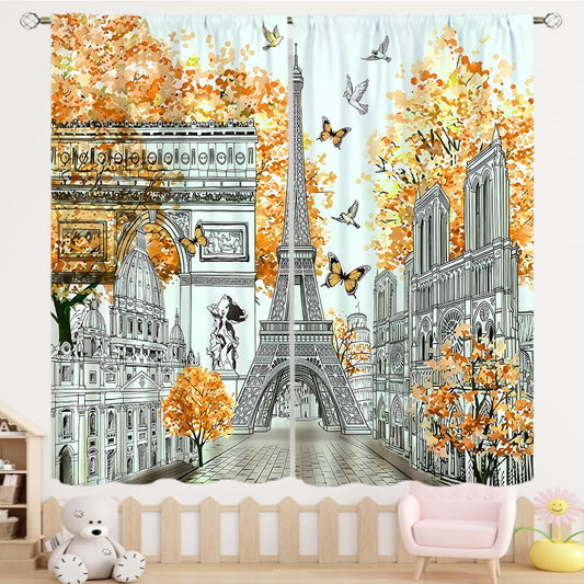 TYVGICZ Yellow Paris Curtains, Landscape Architecture City Scenery Eiffel Tower Landmark Famous Cityscape Romantic Window Treatments for Girls Living Room Kitchen Bathroom 2 Panel, 42x45 Inch