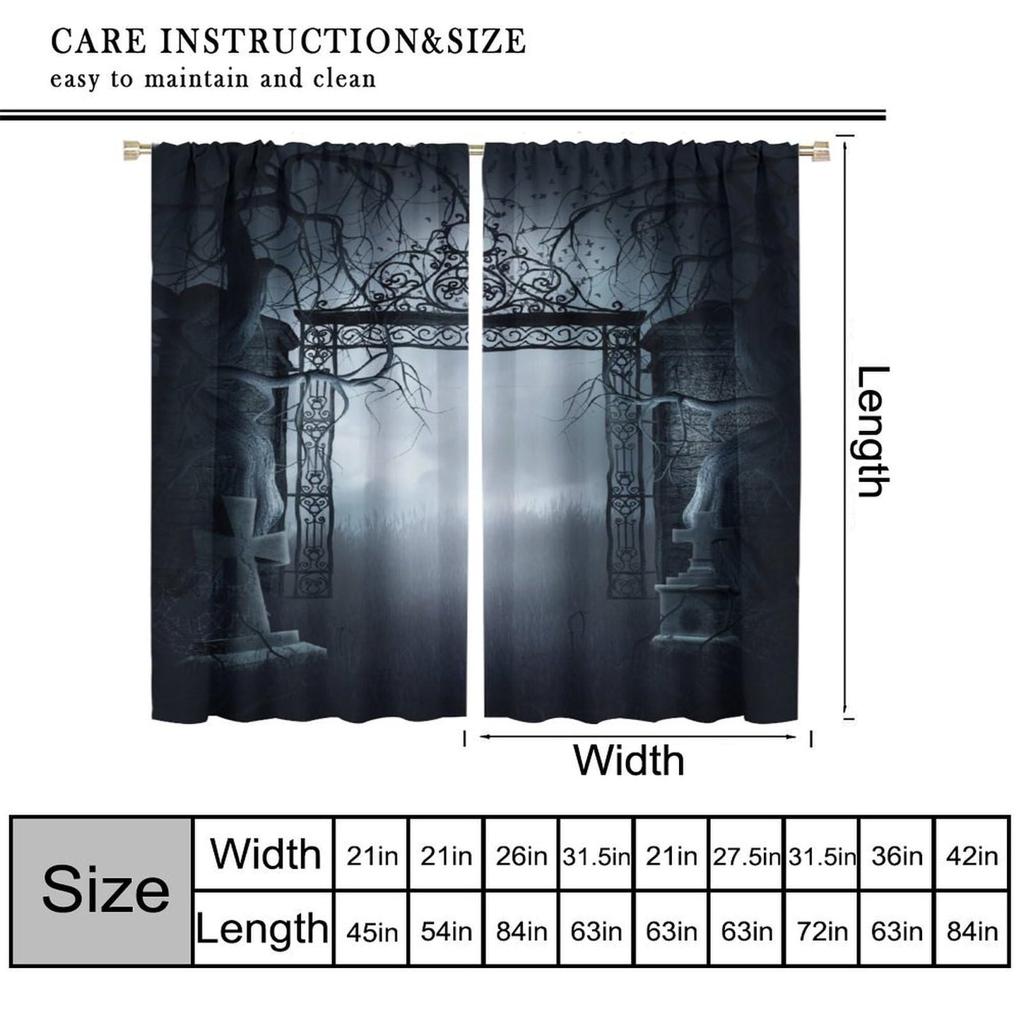 TFOSO Gothic Curtain, Misty Night View Horror Home Decor Bedroom Living Room Rod Pocket Window Treatment 2 Panel Set Total Size 42" W X 45" L Inch