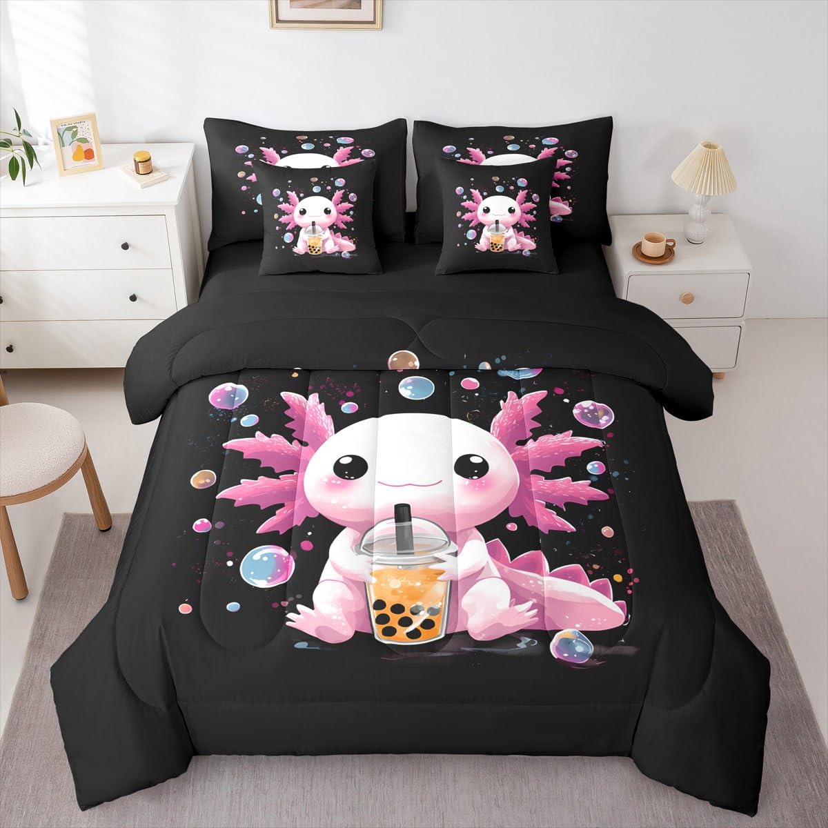 Erosebridal Axolotl 7 Piece Comforter Set Queen | Cute Boba Bed in A Bag Pink Salamander Sheet Set Breathable Lightweight Kawaii Bubble Tea Fitted Sheet Reversible