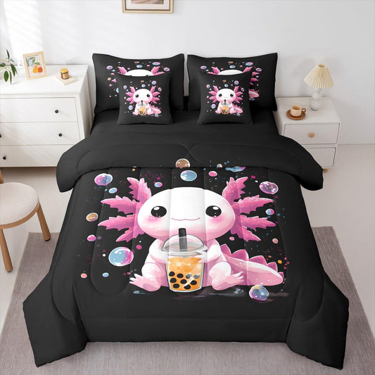 Erosebridal Axolotl 7 Piece Comforter Set Queen | Cute Boba Bed in A Bag Pink Salamander Sheet Set Breathable Lightweight Kawaii Bubble Tea Fitted Sheet Reversible