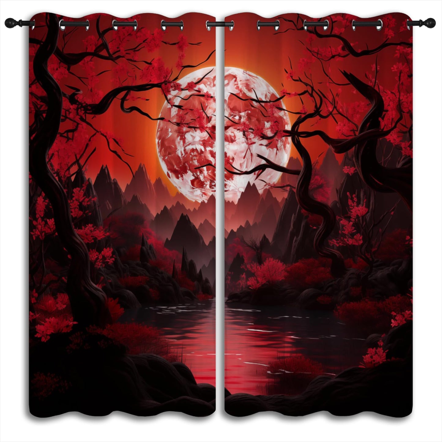 LHROOMJK Japanese Blackout Curtains for Boys Girl Bedroom Home Decor,Asian Anime Red Plum Red Moon Landscape Painting Thermal Insulated Grommet Darkening Living Room Window Drapes, 72 x 63 inch