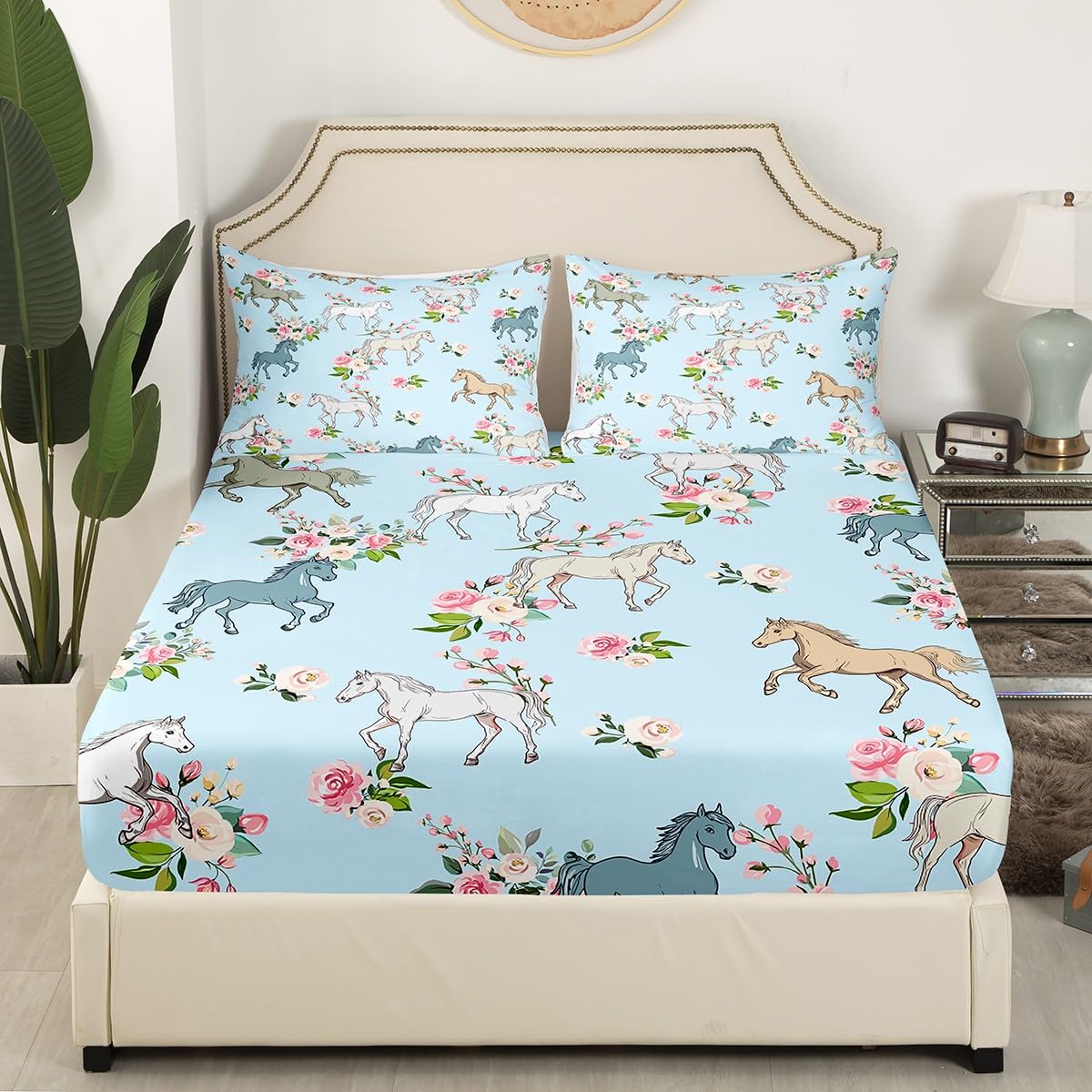 Horse Sheet Set Full Size, Farmhouse Western Cowboy Cowgirls Bed Sheets for Kids Boys Girls Teens, Cartoon Kawaii Horse Bedding Set, Rustic Rose Floral Fitted Sheet + Flat Sheet + 2 Pillow Cases
