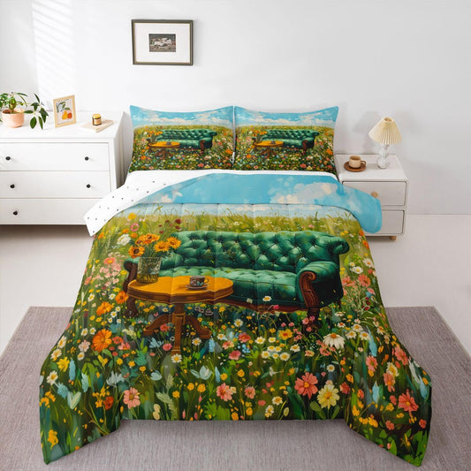 jejeloiu Flower Field Bedding Set Soft for Boys Girls, French Country Comforter Set Toddler Size Floral Vintage Duvet Quilt Microfiber Bedroom Decor 2 Pcs with 1 Pillow Cases
