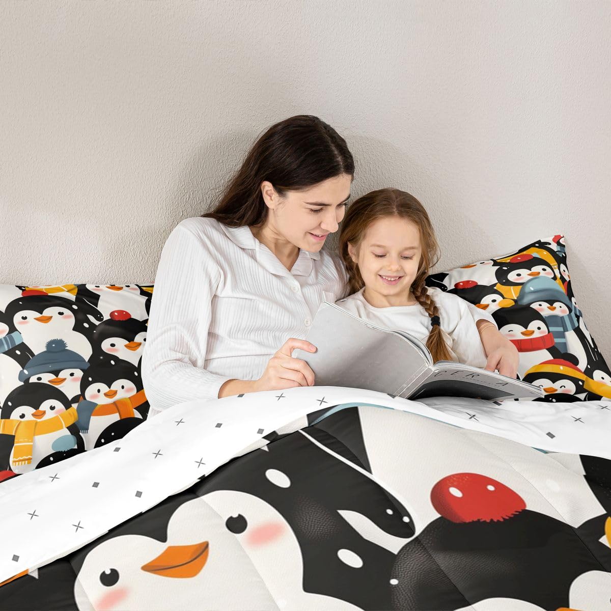 Erosebridal Kawaii Penguin Comforter Set Queen Antarctic Wild Animal Print Bedding Set Cartoon Penguins Comforter for Kids Boys Girls,Snowy Winter Decor Quilt Duvet