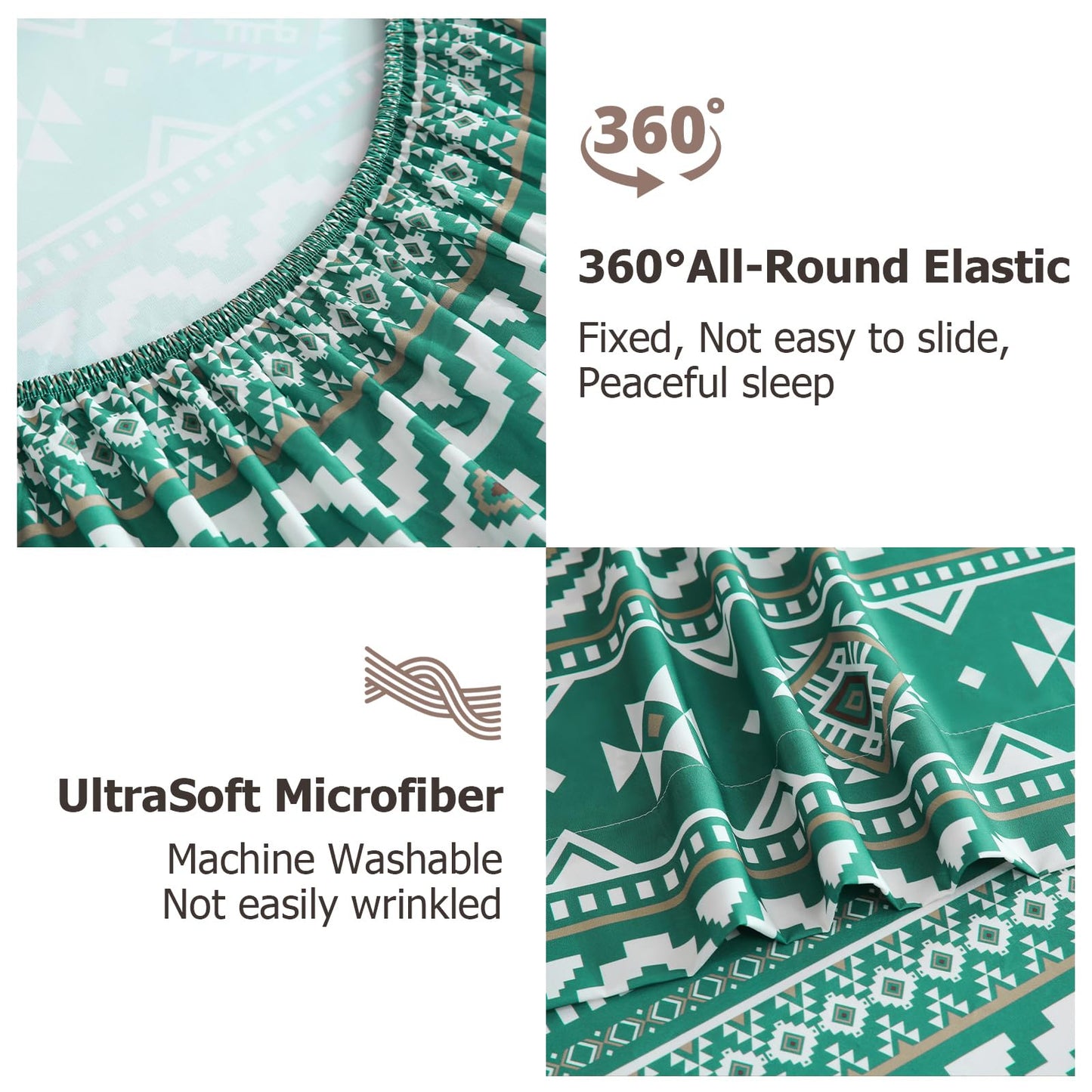 CozySmile 4 Pieces King Sheet Set Bohemian, Boho Sheets Soft Microfiber Deep Pocket, Western Sheets Geometric(King, Emerald Green)
