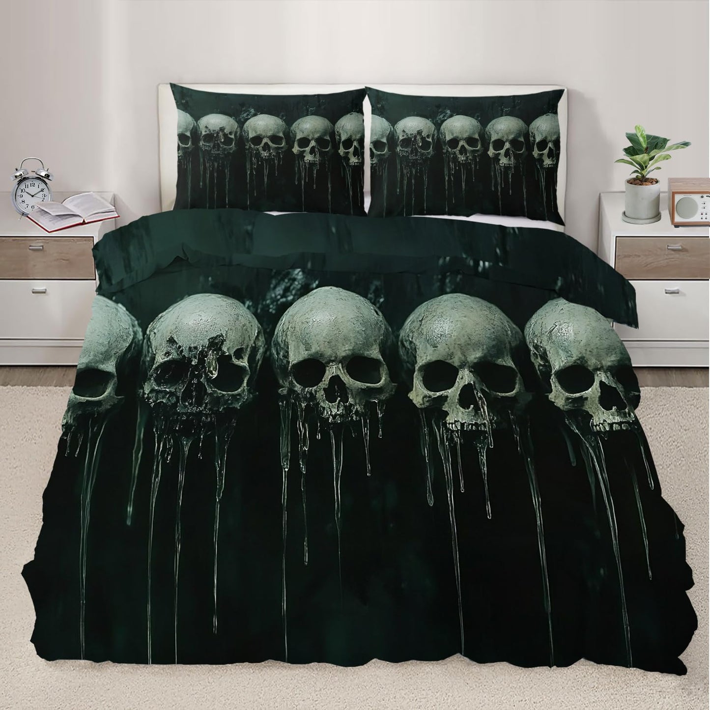 PAISUOQ Gothic Bedding, Gothic Skull Comforters Queen Size, Dark Black Skull Duvet Cover with 2 Pillowcases, 3 Pieces with Zipper & Ties, Home Decor & Gifts