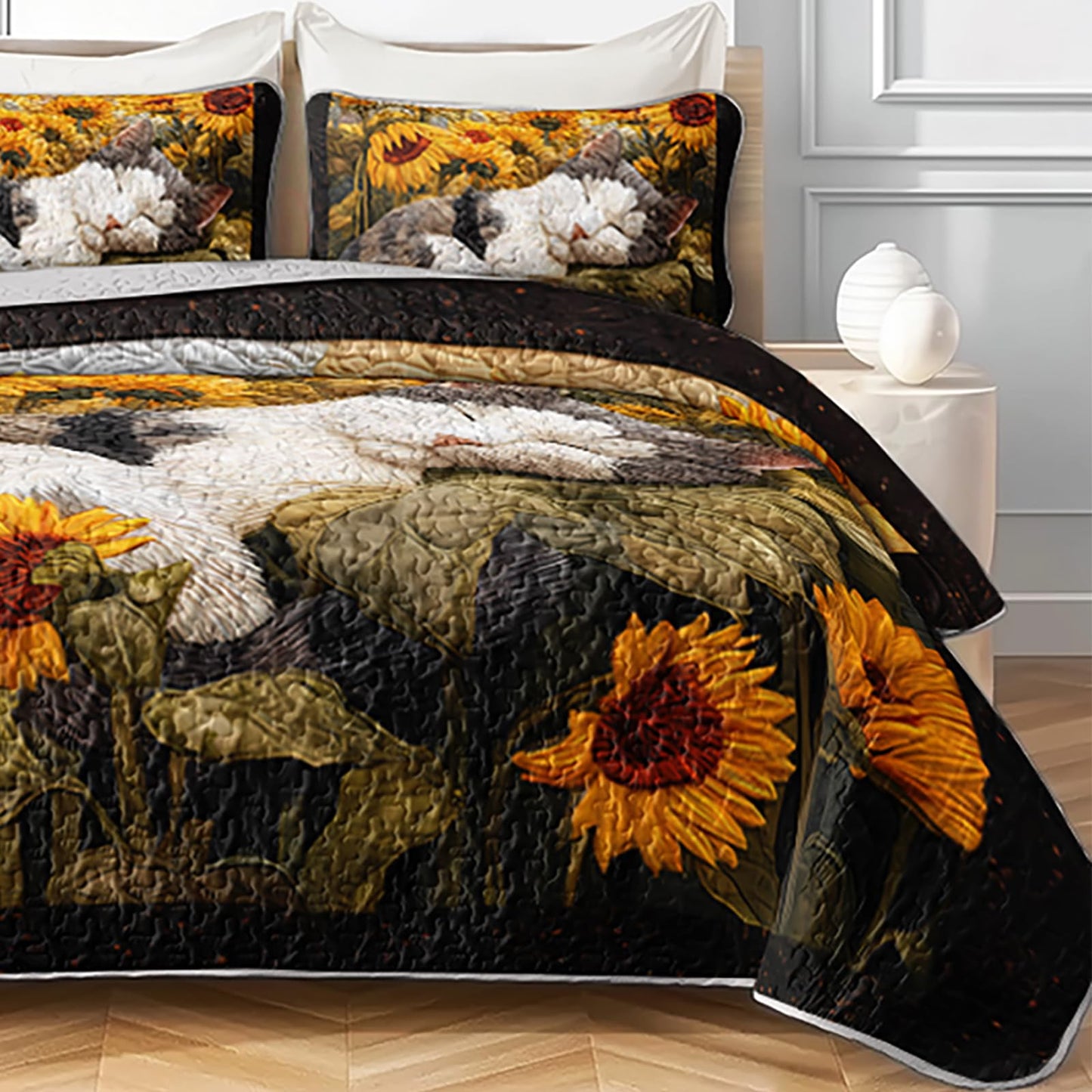 AILONEN Cat Quilt Set Queen Size for Kids Girls - 3-Piece Yellow Sunflower Bedspread Cartoon Cat Coverlet,Lovely Pet Animal Printed Quilt,2 Pillowcases