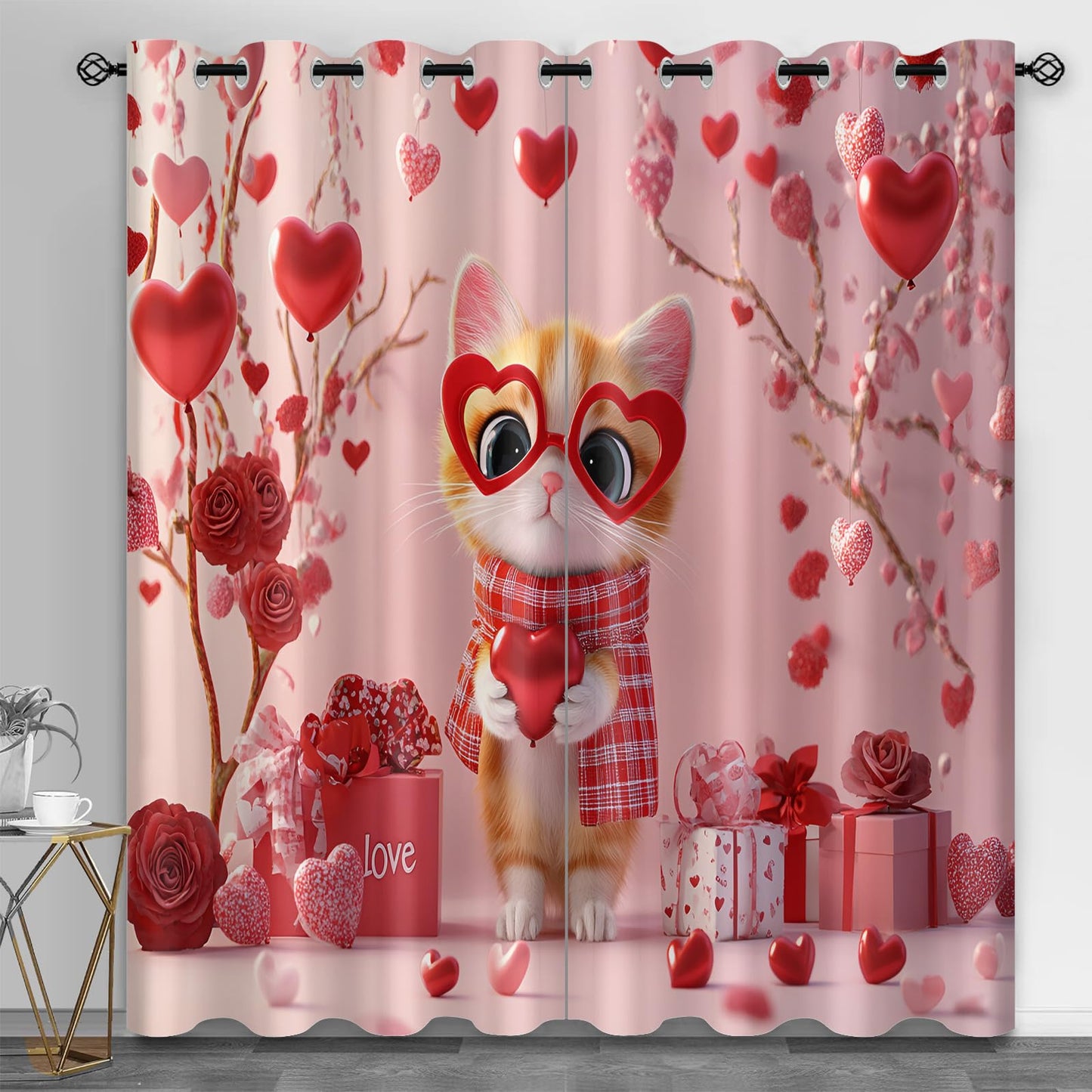YXQAIED Cat Curtains for Bedroom, Heart-Shaped Rose Blackout Curtains 84 inch Long, Romantic Cartoon Curtain & Home Decor, 3D Printed Room Divider Drape, 2 Panels