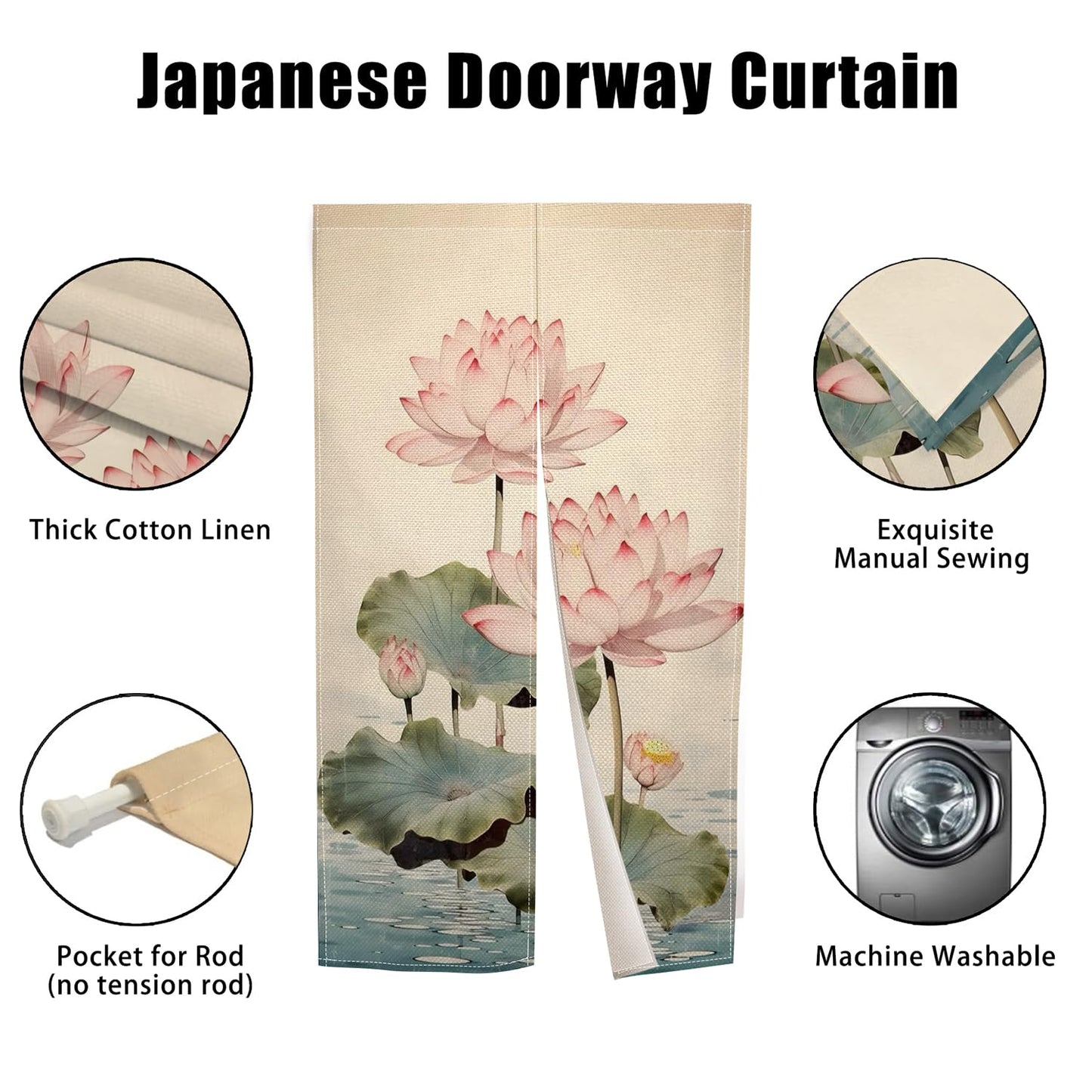 Leowefowa Long Style Noren Japanese Doorway Curtain Traditional Lotus Printed Window Treatment Fengshui Door Curatin Tapestry for Wall Hanging Room Divider Kitchen Home Decor Gift, 33.5"x 70.9"