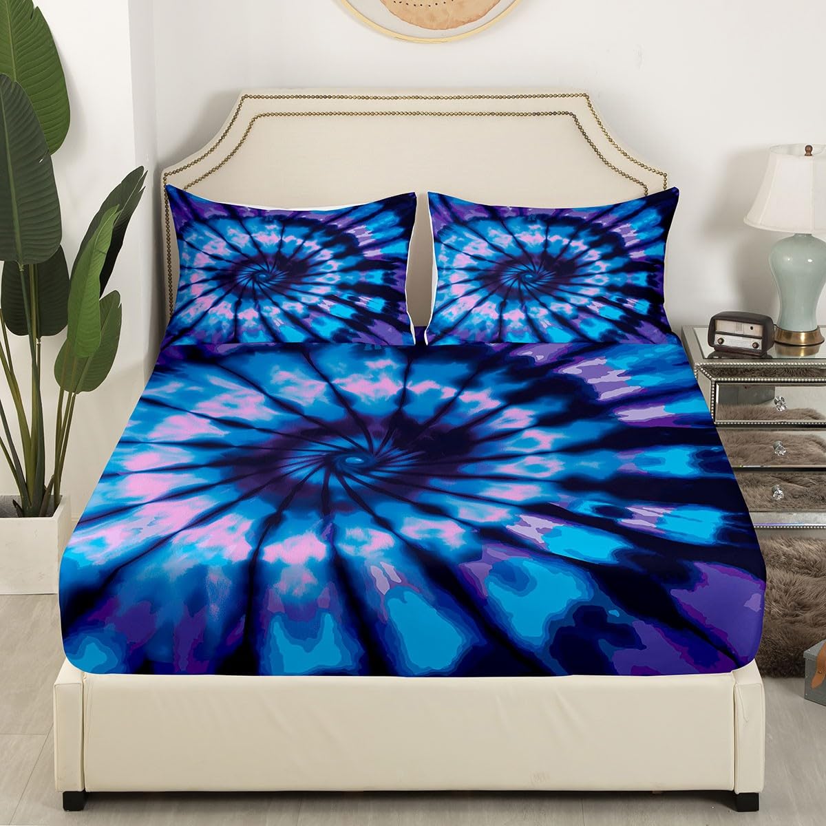 Purple Tie Dye Bed Sheets Blue Spiral Tie Dye Fitted Sheet, Hippie Bedding Sets Boho Bohemian Gypsy Hippie Bedding Decor Set 2 Piece, Abstract Printed Deep Pocket Fitted Sheet+1 Pillowcase,Twin