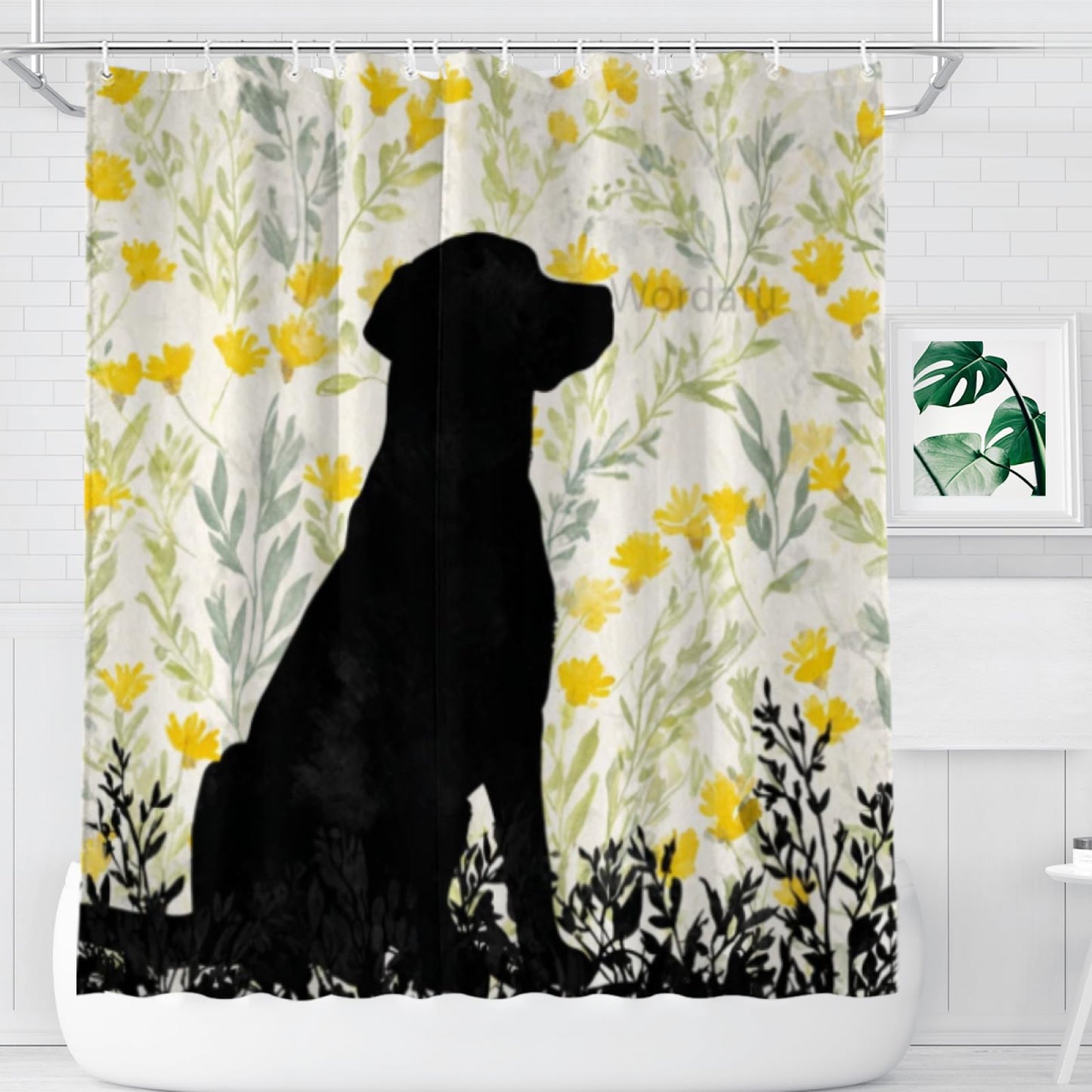 Wordatu Shower Curtain for Bathroom Flower Funny Black Labrador Dog Shower Curtains for Bathtub Waterproof Fabric Shower Curtain with Hooks 72x72 Inches