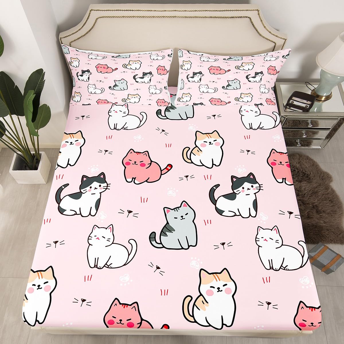 Erosebridal Cartoon Cat Bed Sheets,Kids Girls Pet Bedding Sets Queen Size,Cute Colorful Kitten Sheet Set for Teens Boys,White Cat Paw Print Flat Sheet with 2 Pillow Shams Pink