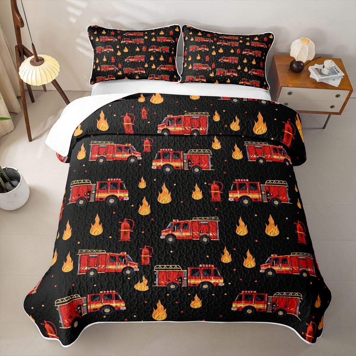 Erosebridal Fire Truck Quilt Set Twin Size Black and Red Bedspread Set Cartoon Red Firemen Car Quilts for Kids Boys Teens Adults Fire Engine Quilt Bedding, Lightweight