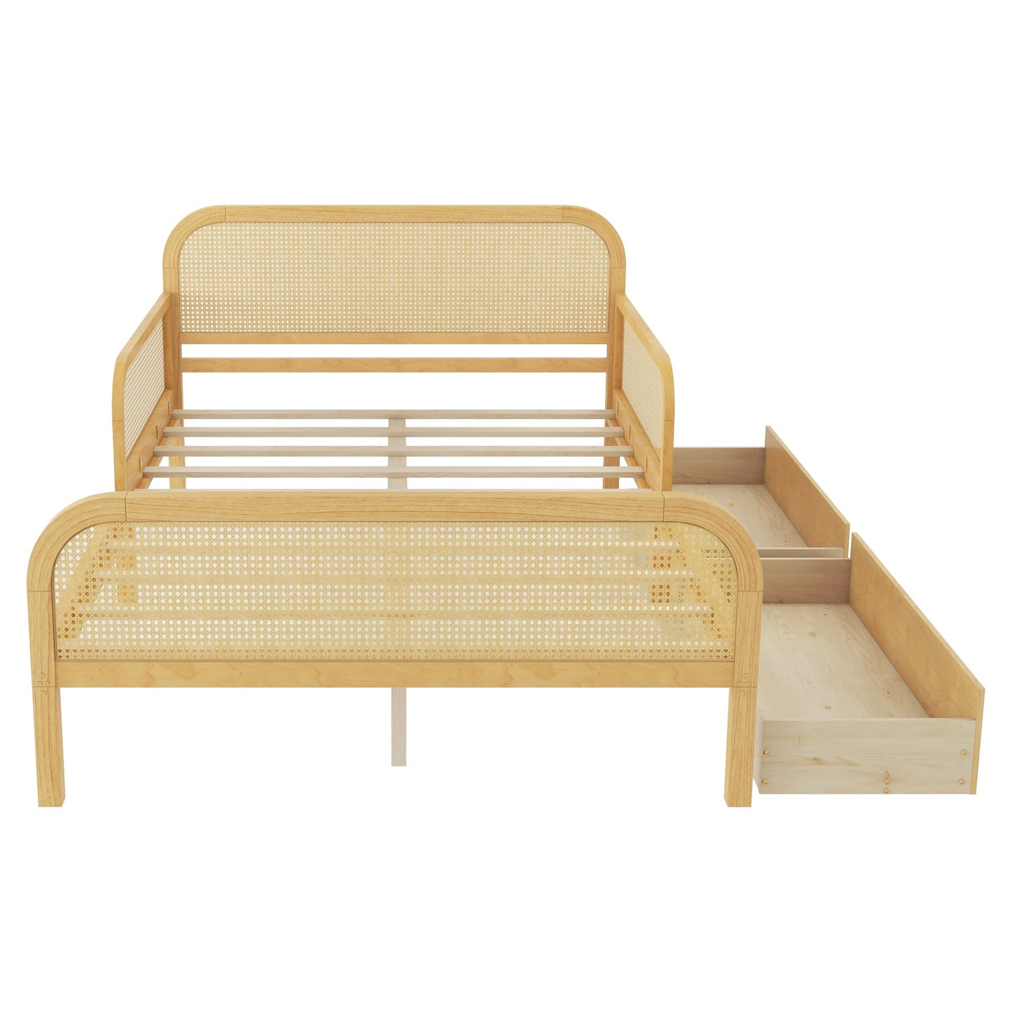 Duxelifin Full Kids Bed Frame with Storage Drawers,Rattan Wood Platform Bed with Headboard & Footboard, Low Profile Boho Daybed, No Box Spring Needed, Full Size Bed Frame for Boys Girls，Natural