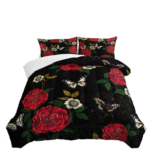 Nttopship Red Rose Comforter Set Butterfly Bedding Set Twin Size for Women Girls Bedroom Decor(1 Comforter + 2 Pillow Cases)