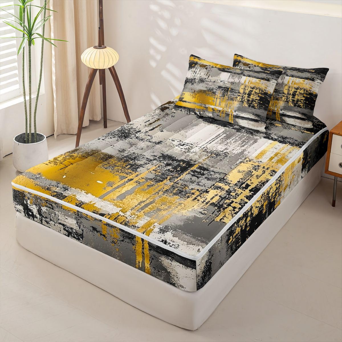 jejeloiu Abstract Zipper Bedding for Kids Modern Art Style Full Comforter Set with Fitted Sheet 2 Pillowcases Retro Bed in a Bag Soft Lightweight Microfiber