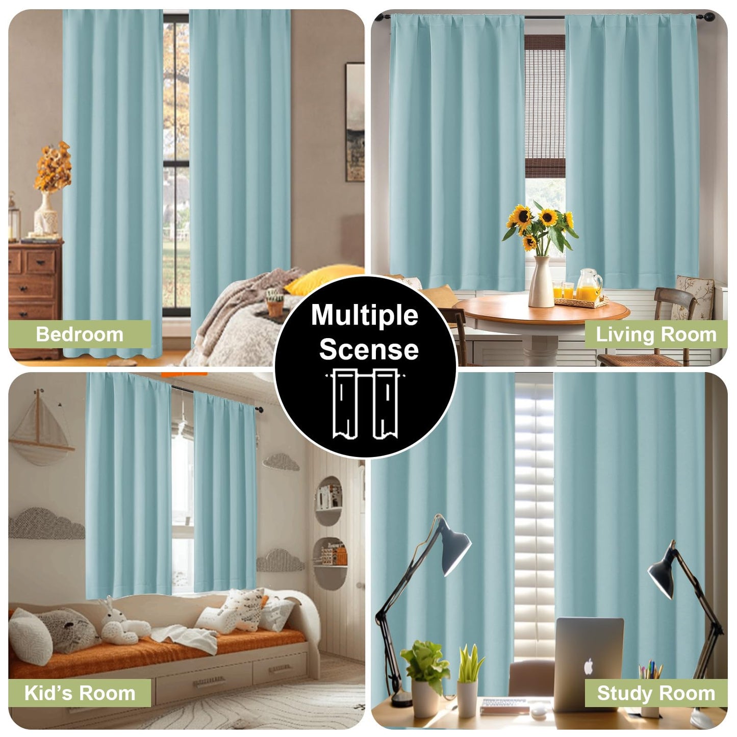 OWENIE Sally Aqua Short Blackout Curtains for Bedroom Living Room 45 Inch Length 2 Panels Set, Solid Energy Saving Insulated Bathroom Window Treatment Curtains Blackout Drapes, 2 Pcs W40 x L45