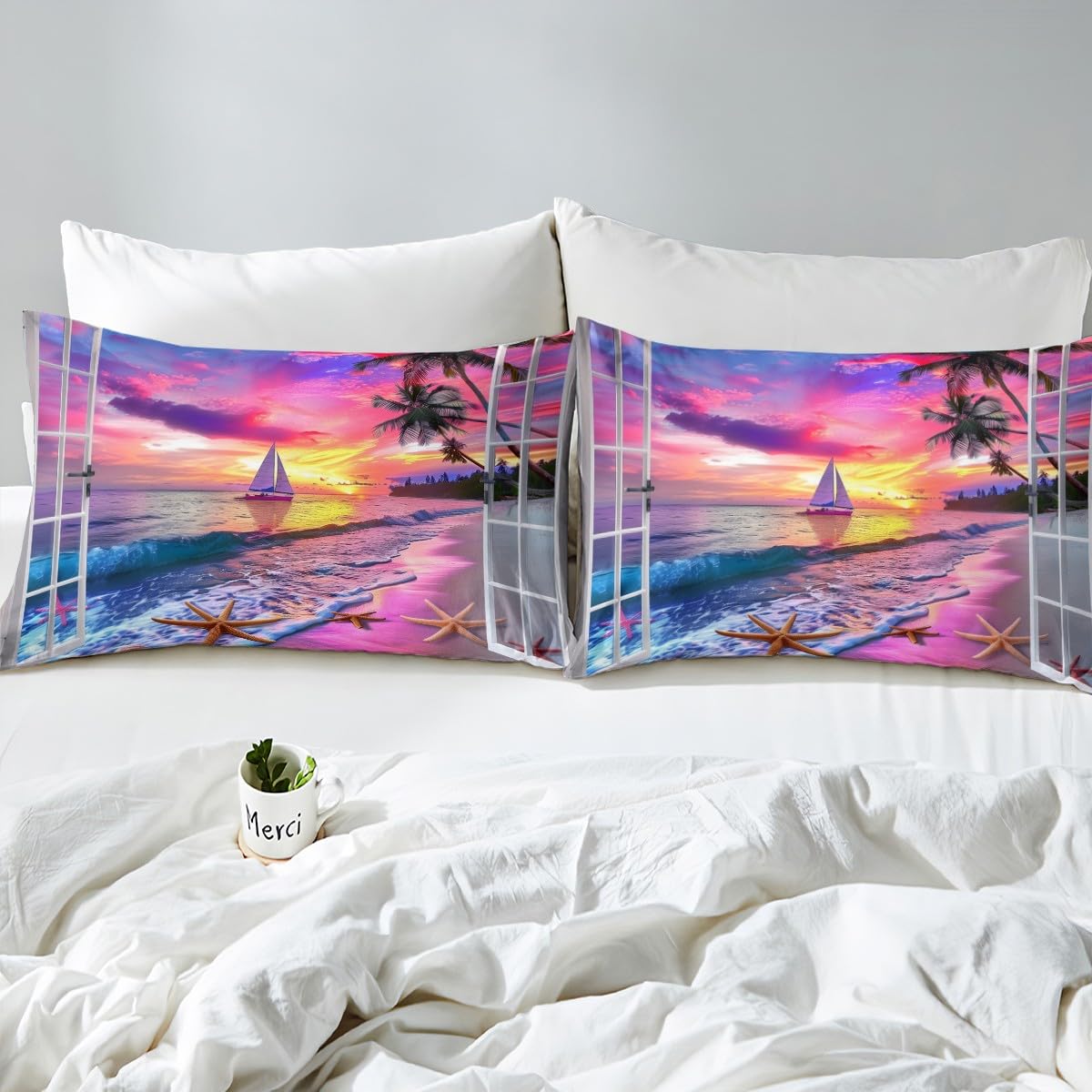 jejeloiu Beach Theme Fitted Sheet Full Size Kids Summer Ocean Wave Pattern Bed Sheets Set for Boys Girls Teens Sea Marine Coastal Tropical Leaves Starfish Sailboat Bedding Set Room Decor