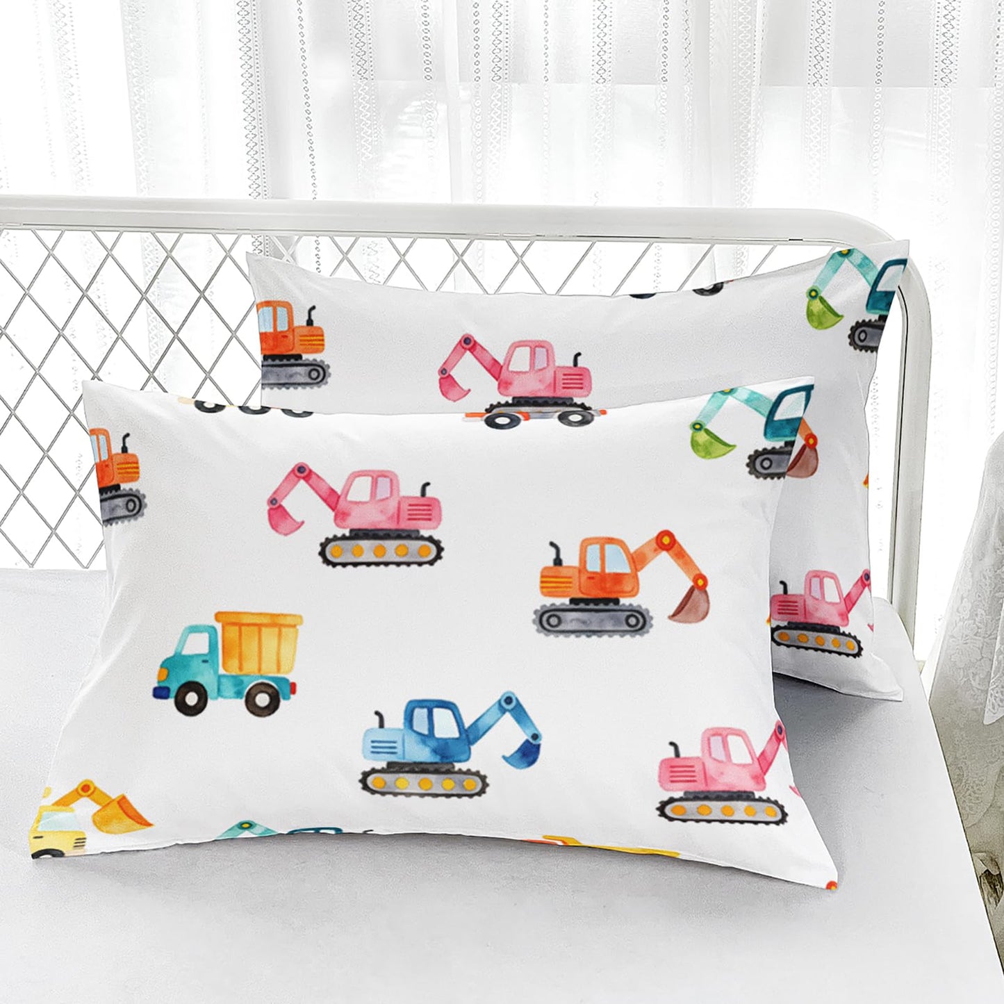 AILONEN Watercolor Construction Truck Twin Fitted Sheet Set 3 Piece,Excavator Digger Bedding with 2 Pillowcases,Boys Nursery Vehicle Linens,16 Inch Deep Pocket Microfiber