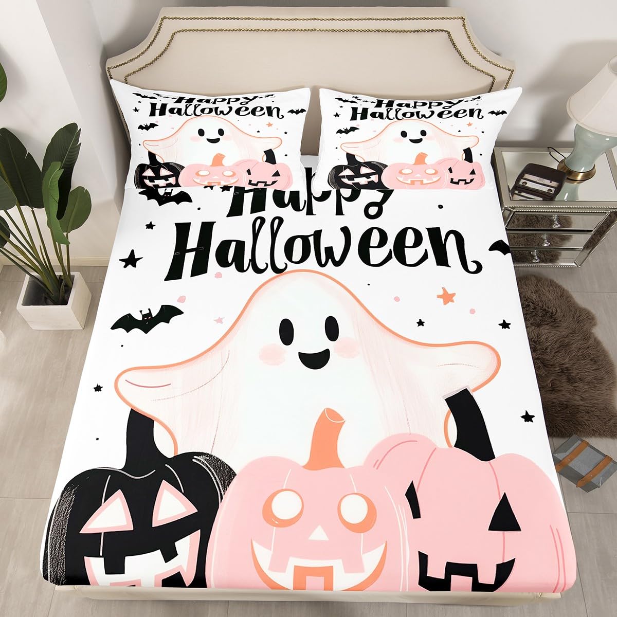 Feelyou Happy Halloween Bed Sheets Set Full Size Pumpkin Deep Pocket Fitted Sheet Halloween Decor Bedding Sets Cute Ghost Soft Bed Set 4Pcs with 2 Pillow Cases