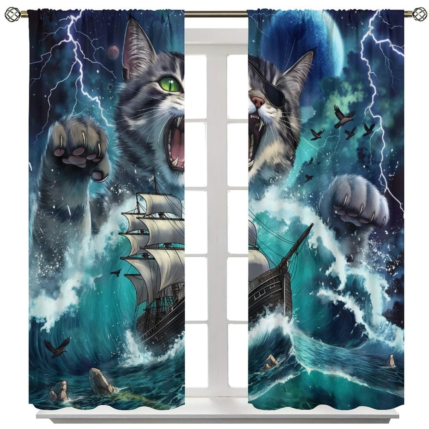 Pirate Cat Curtains for Kids Funny Pirate Ship Sea Ocean Waves Nautical Sailboat Moon Cool Animal Beach Seagull Cute Pattern Window Treatments For Boys Teen Bedroom Living Room 42x44.5In（No Blackout）