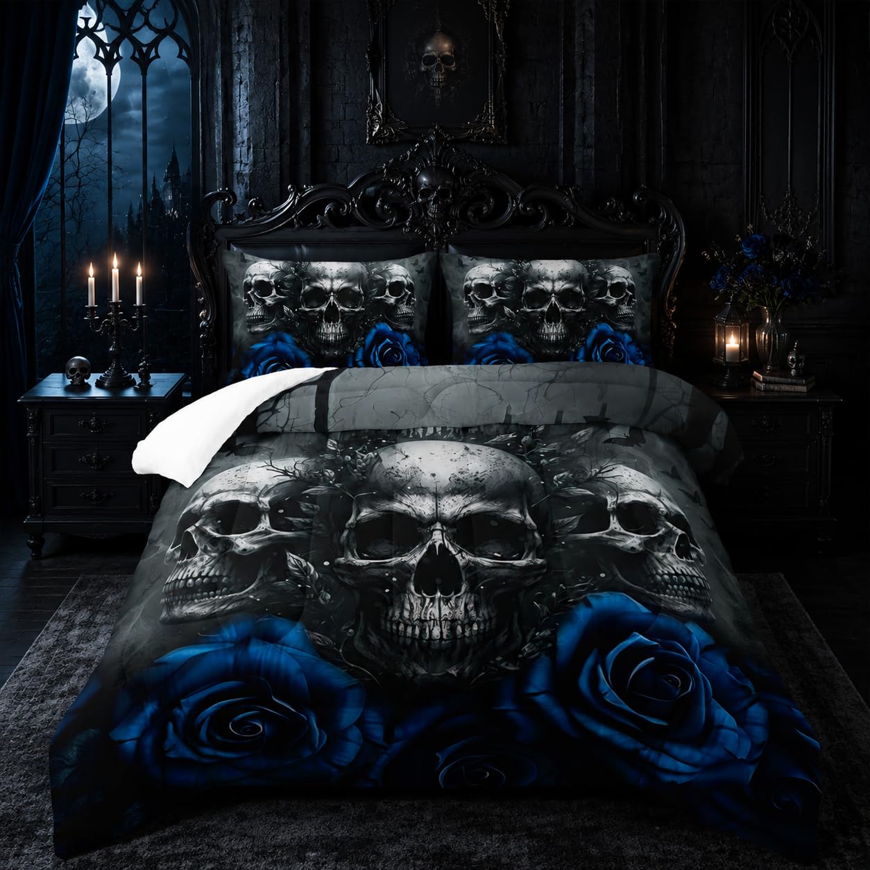 Tuzaovy Skull Bedding Set Queen Size,Goth Bedding Sets Queen with Comforter,Skull Comforter Set,Rose Comforter Halloween Skull Bed Comforter,Black Bedding Skull Quilt