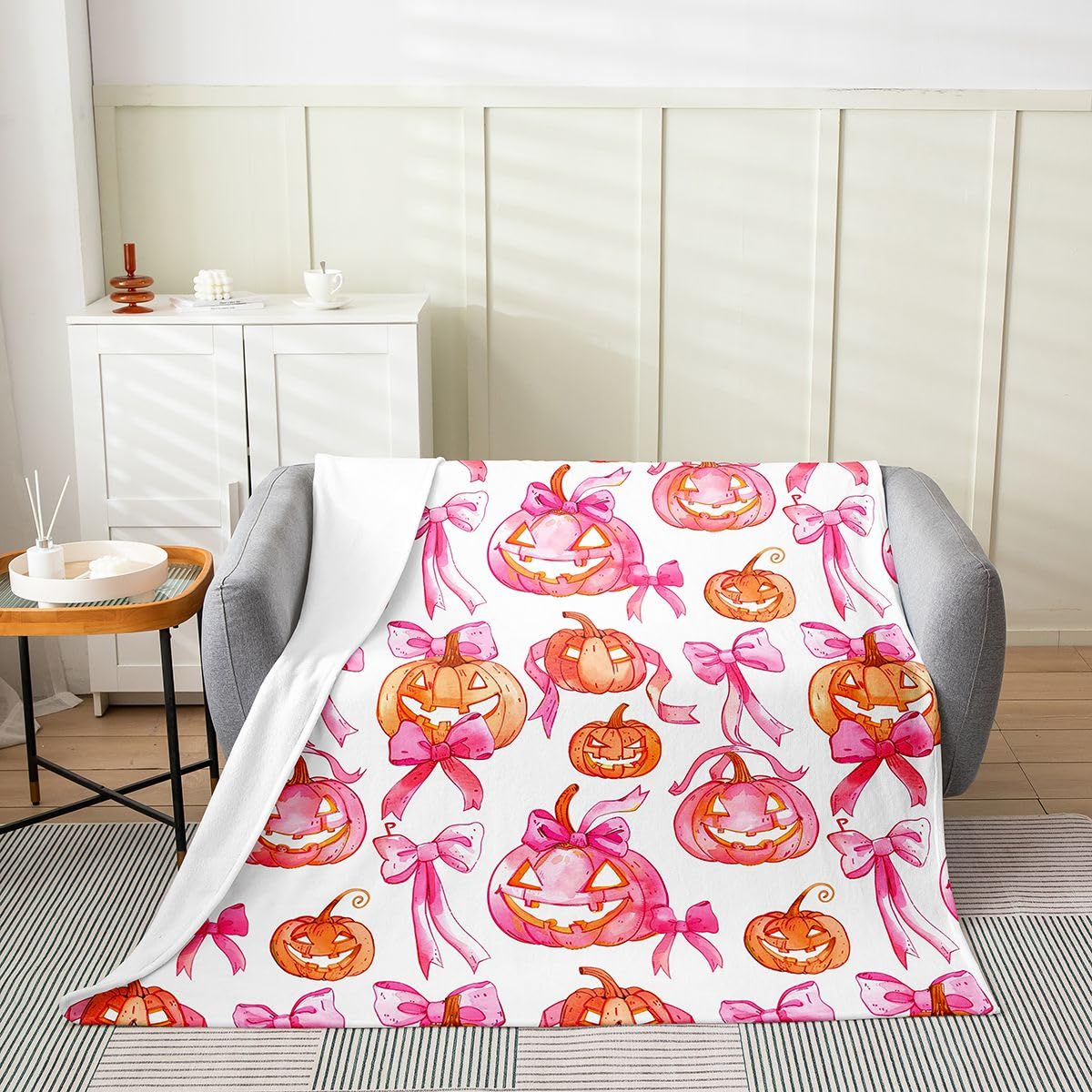 Feelyou Spooky Pumpkin Flannel Fleece Throw Blanket Halloween Themed Throw 50"x60" Bowknot Fleece Throw Blanket for Kids Women Men Spooky Pumpkin for Bed Couch Chair Living Room Bedroom Decor