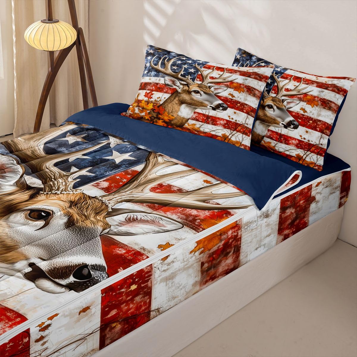 Feelyou Cute Deer Zipper Bedding Twin American Flag Zipper Bedding Sets for Kids Boys Girls Antlers Comforter Set with Fitted Sheet and 2 Pillowcases Bedroom Decor