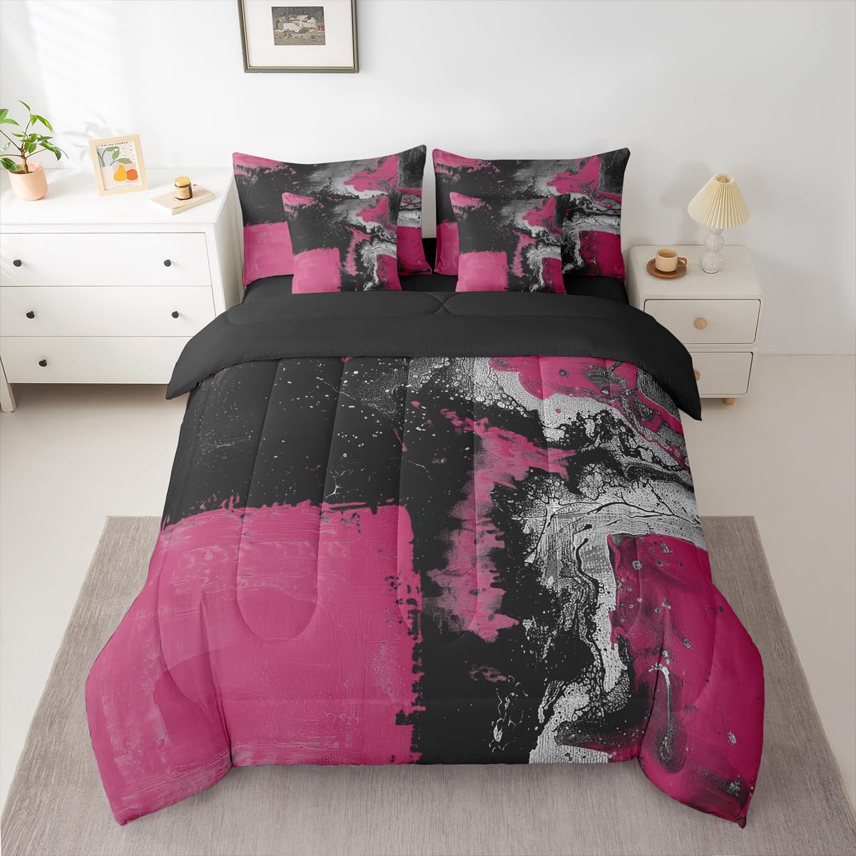 Feelyou Abstract Comforter Set King Size 7 Pieces Modern Abstract Art Bedding Set Luxury Bed in a Bag with Comforter, Sheets, Pillowcases, Cushion Covers Geometric Bedroom Decor Dark Rose Black